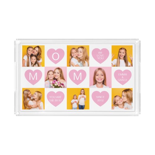 Mom We Love You Kids Names 8 Photo Collage Heart Acrylic Tray