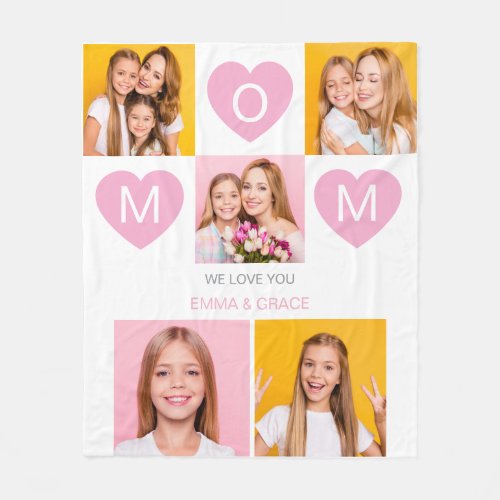 Mom We Love You Kids Names Photo Collage Heart Fleece Blanket