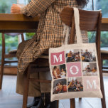 Mom We Love You | Modern 6 Photo Color Block  Tote Bag<br><div class="desc">Customize this unique tote bag with 6 square photos arranged in a grid collage layout. Featuring "Mom" going diagonal on ombre pink squares and additional square on the bottom for a custom message. Keep "we love you" as is or change to your custom endearment. All colors can be changed. Whether...</div>