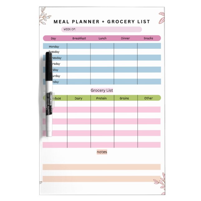 Mom Weekly Meal Planner & Grocery List Dry Erase Board (Front)