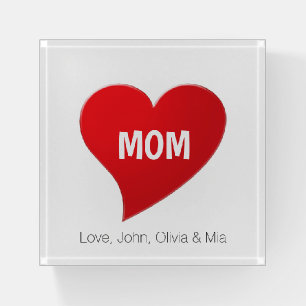 Mom white red big heart graphic custom text cute paperweight