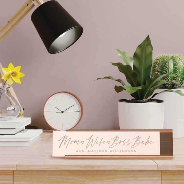 Mom, Wife, Boss Babe Trendy Brush Script Pink Desk Name Plate (Creator Uploaded)
