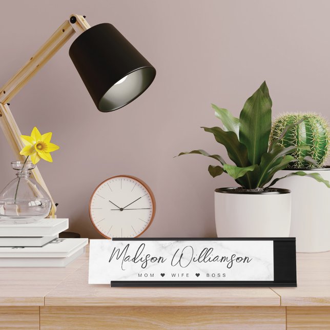 Mom, Wife, Boss Trendy Brush Script Faux Marble Desk Name Plate (Creator Uploaded)