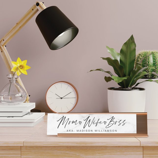 Mom, Wife, Boss Trendy Brush Script & White Marble Desk Name Plate (Creator Uploaded)