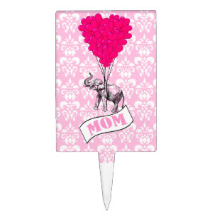 Mom, with elephant and pink heart balloons cake topper