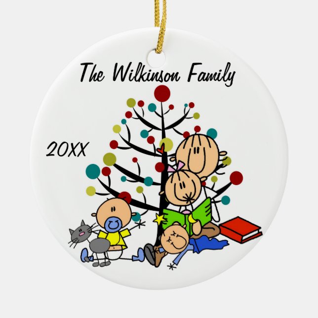 Mom With Girl, 2 Baby Boys, Cat Holiday Ornament (Front)