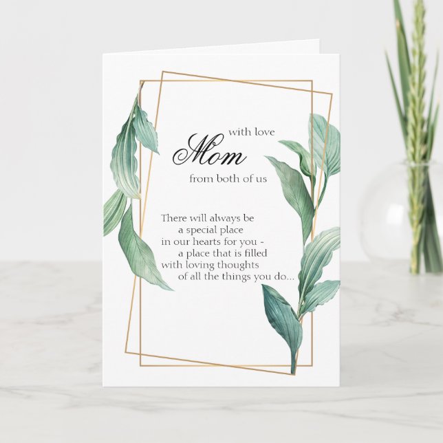 Mom with Love Green and Gold Tropical Leaves Card (Front)