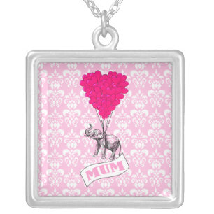 Mom with pink elephant silver plated necklace