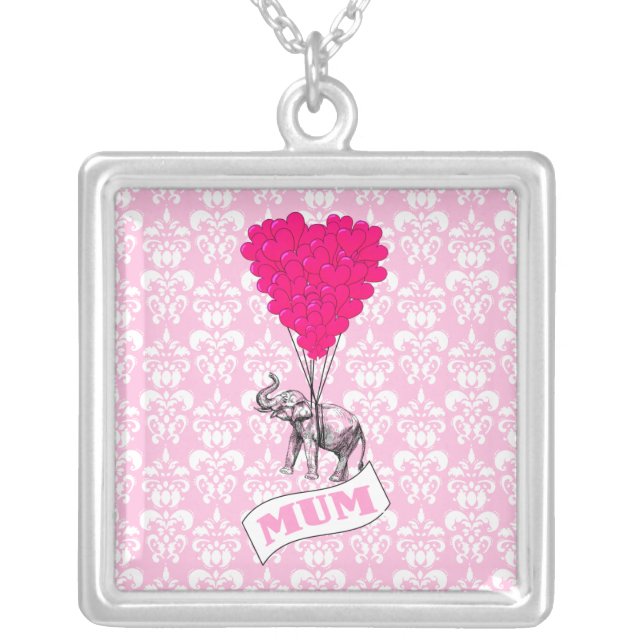 Mom with pink elephant silver plated necklace (Front)