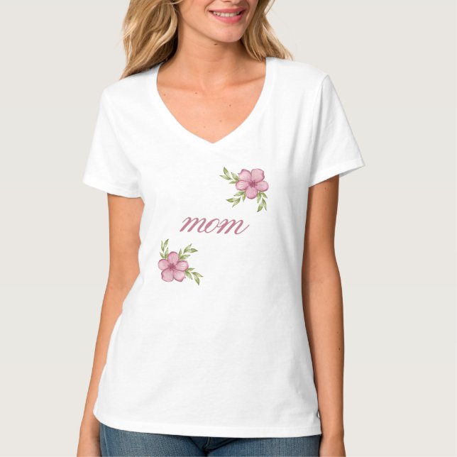 Mom with Pink Flowers Women's V-Neck  T-Shirt (Front)