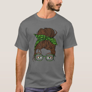 Mom Women Messy Bun St Patricks Day Shamrock Clove T-Shirt