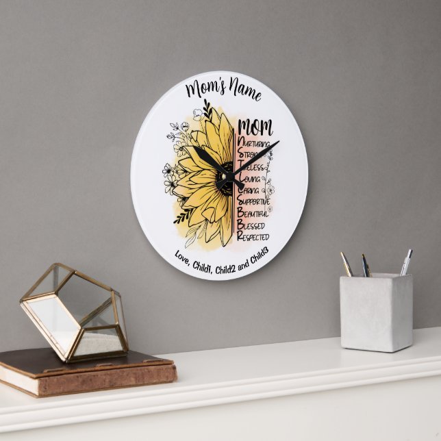 Mom Words Dahlia Flower Customizable Kid Names Large Clock (Office)