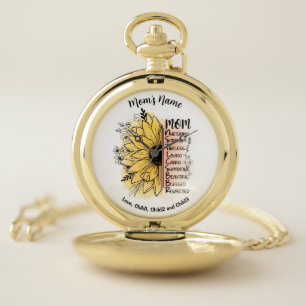 Mom Words Dahlia Flower Personalized Mom Kid Names Pocket Watch