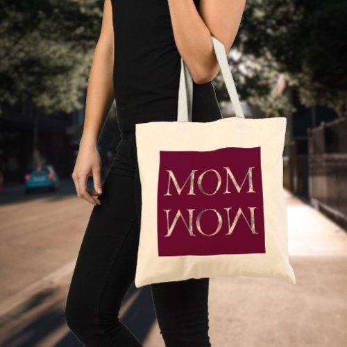 MOM  WOW floral letters on heather colored Tote Bag