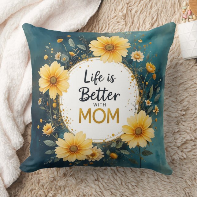 MOM Yellow Wildflowers Butterflies Throw Pillow (Blanket)