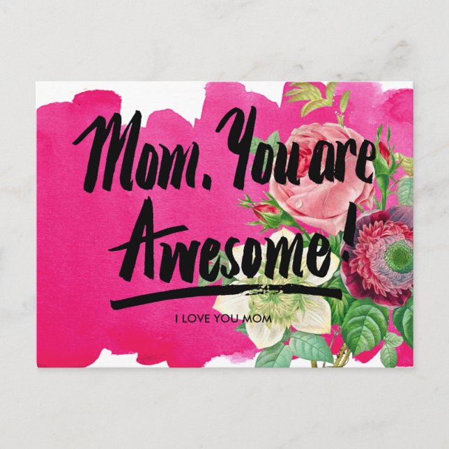 Mom, You Are Awesome Vintage Botany Calligraphy Postcard (Front)