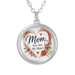 Mom You Are My Heart Floral Heart Silver Plated Necklace