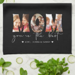 Mom You're the Best Quote Black Photo Collage Kitchen Towel<br><div class="desc">This Mother's Day custom photo collage kitchen towel features three photos to change to your own decorating the word art, "MOM" and below in hand lettered modern white script typography it reads "you're the best" with personalized names to sign accented by hearts on a black background. Show your mother you...</div>