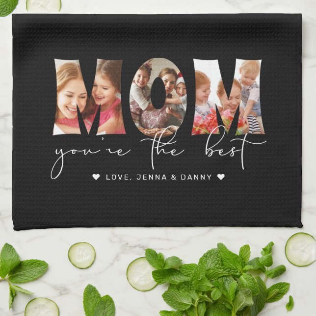 Mom You're the Best Quote Black Photo Collage Kitchen Towel (Folded)