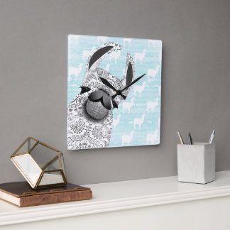 Moma Llama with White Llama Cloud Pattern Square Wall Clock