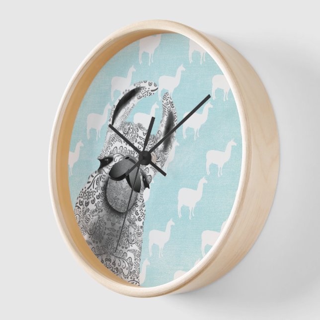 Moma Llama with White Llama Cloud Pattern Wall Clock (Angle)