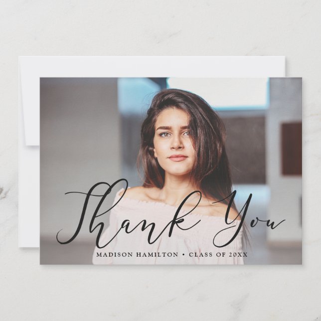 Momentous Black Script Photo Graduation Thank You Card (Front)