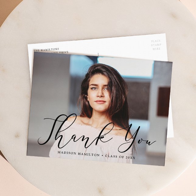 Momentous Black Script Photo Graduation Thank You Postcard (Creator Uploaded)