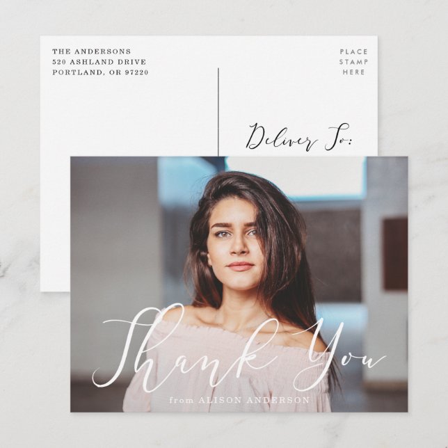 Momentous White Script Photo Graduation Thank You Postcard (Front/Back)