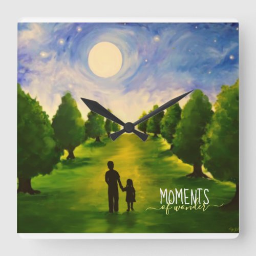 Moments of wonder moonlit walk in woods square wall clock