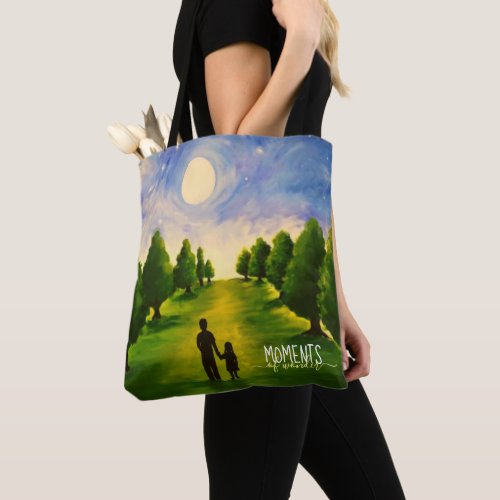 Moments of wonder moonlit walk in woods tote bag