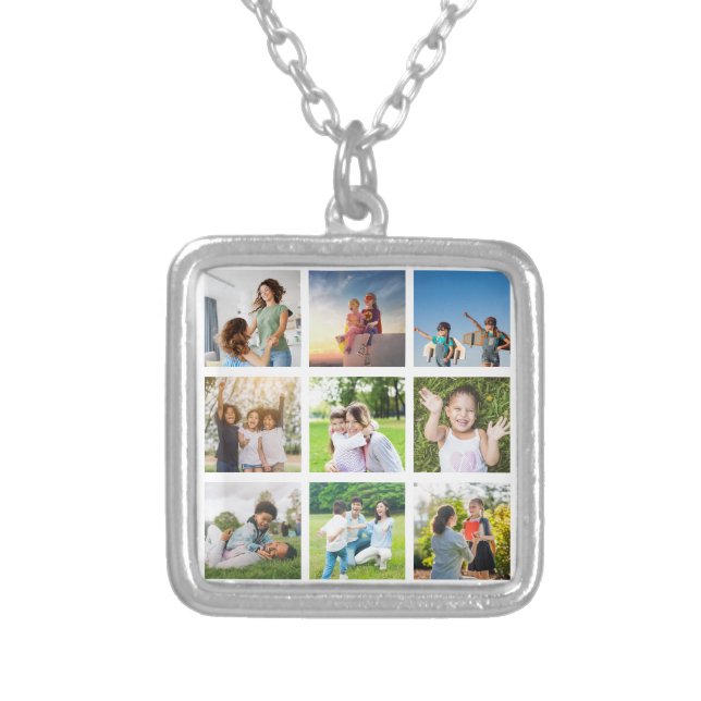 Moments Treasured: Customizable 9 Photo Collage Silver Plated Necklace (Front)