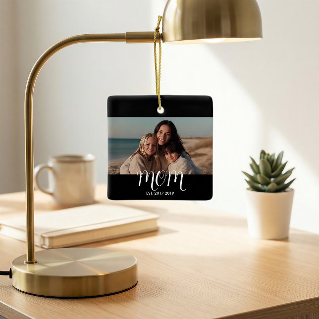 MomEstablished Black White Script Photo Ceramic Ornament (Creator Uploaded)