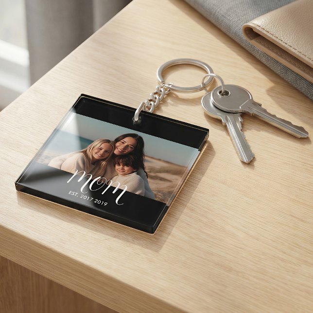 MomEstablishedBlack White Script Photo Keychain (Creator Uploaded)