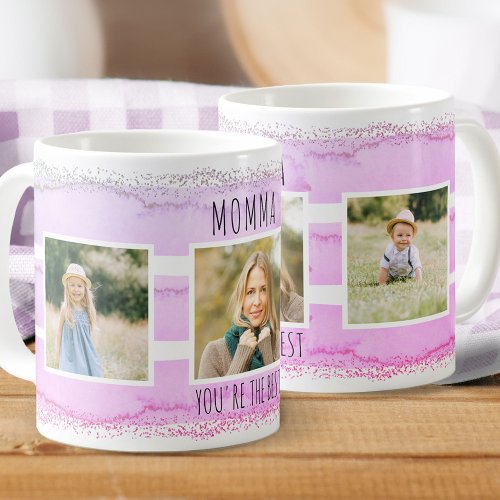 Momma 3 Photo Pink Brushstroke Coffee Mug