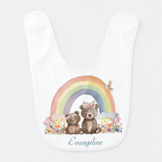 Momma and Baby Bear in Flowers Under a Rainbow Bib