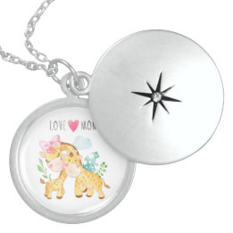Momma and Baby Giraffe with Love You Mom  Locket Necklace
