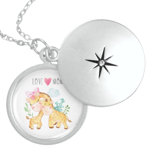 Momma and Baby Giraffe with Love You Mom  Locket Necklace (Front)