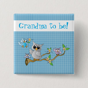Momma & Baby Owls on a Blue Plaid Grandma to be Pinback Button