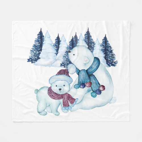 MOMMA  BABY POLAR BEAR NEAR FOREST FLEECE BLANKET