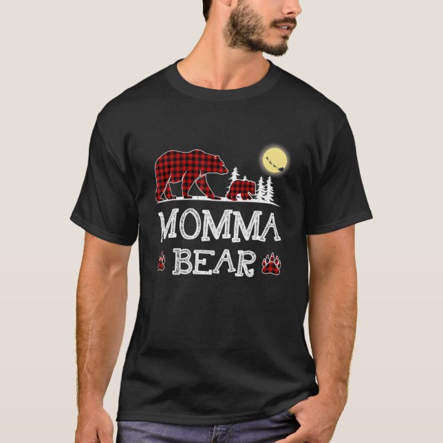 Momma Bear Christmas Pajama Red Plaid Buffalo Fami T-Shirt (Front)