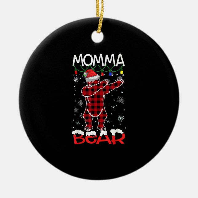 Momma Bear Dabbing Buffalo Plaid Lights Christmas Ceramic Ornament (Front)