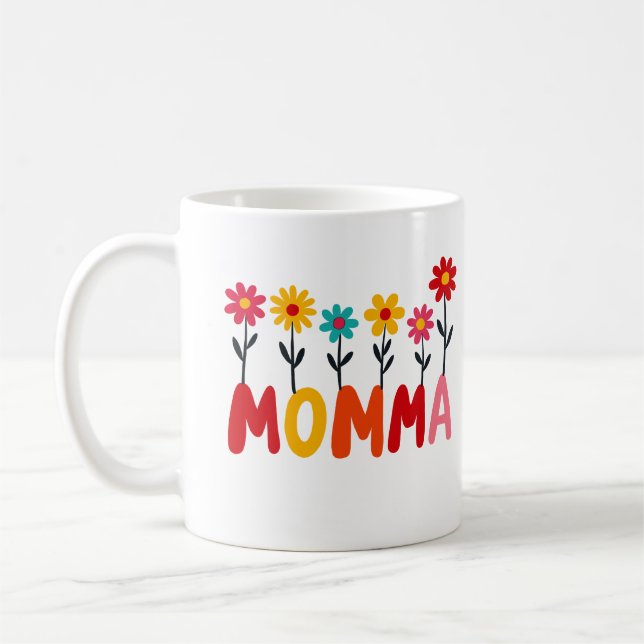 MOMMA Bloom – Whimsical Floral Hand-Drawn Art Coffee Mug (Left)