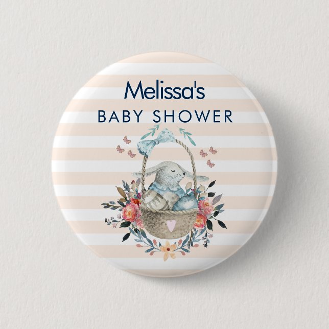 Momma Bunny in Basket & Pretty Florals Baby Shower Button (Front)