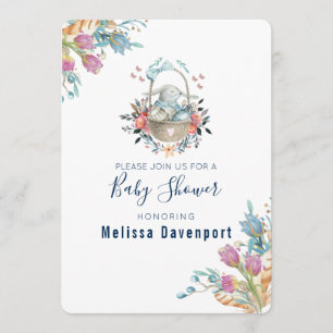 Momma Bunny in Basket & Tulip Florals Baby Shower Invitation