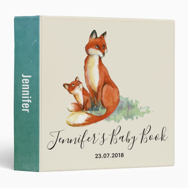 Momma Fox and Baby Watercolor Illustration 3 Ring Binder (Front/Spine)