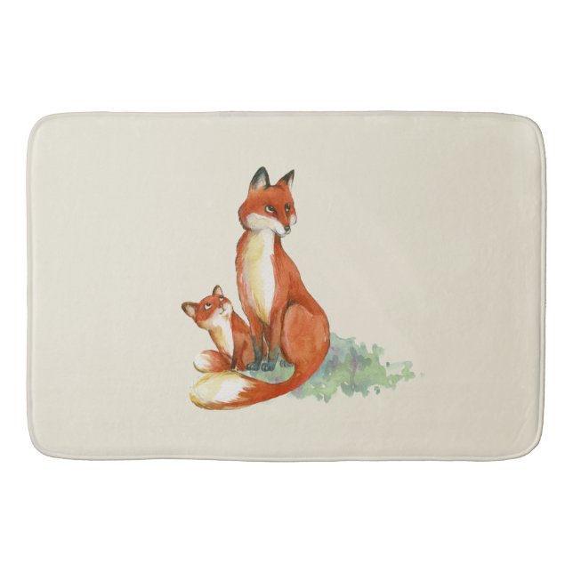 Momma Fox and Baby Watercolor Illustration Bath Mat (Front)