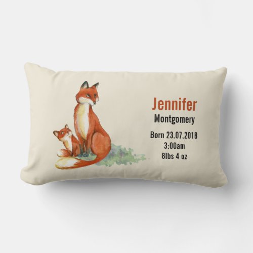 Momma Fox and Baby Watercolor Illustration Birth Lumbar Pillow