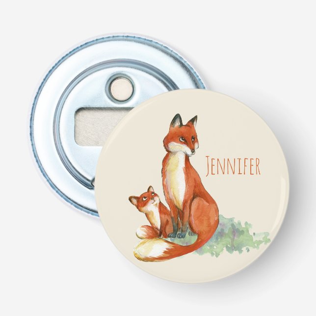 Momma Fox and Baby Watercolor Illustration Bottle Opener (Front)