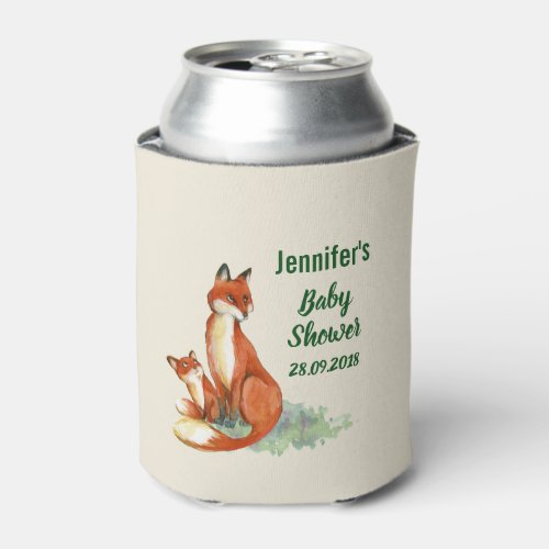 Momma Fox and Baby Watercolor Illustration Can Cooler