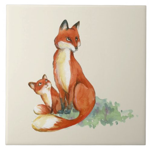 Momma Fox and Baby Watercolor Illustration Ceramic Tile